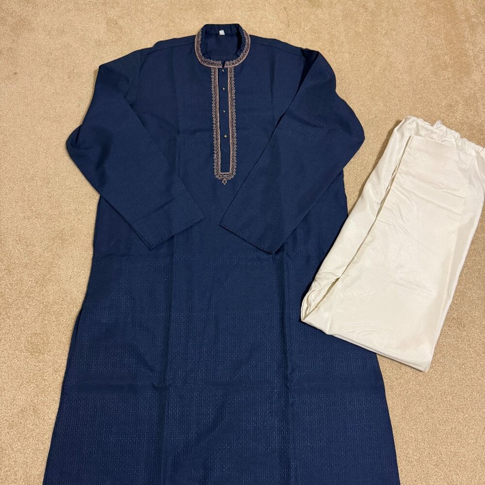 [NEW] Indian Pakistani Men Kurta Pajama Sherwani Suit Navy Blue Medium